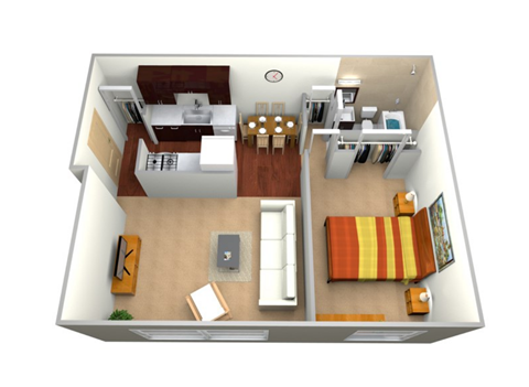 Floor plan for 1 bed, 1 bath, 730 sqft